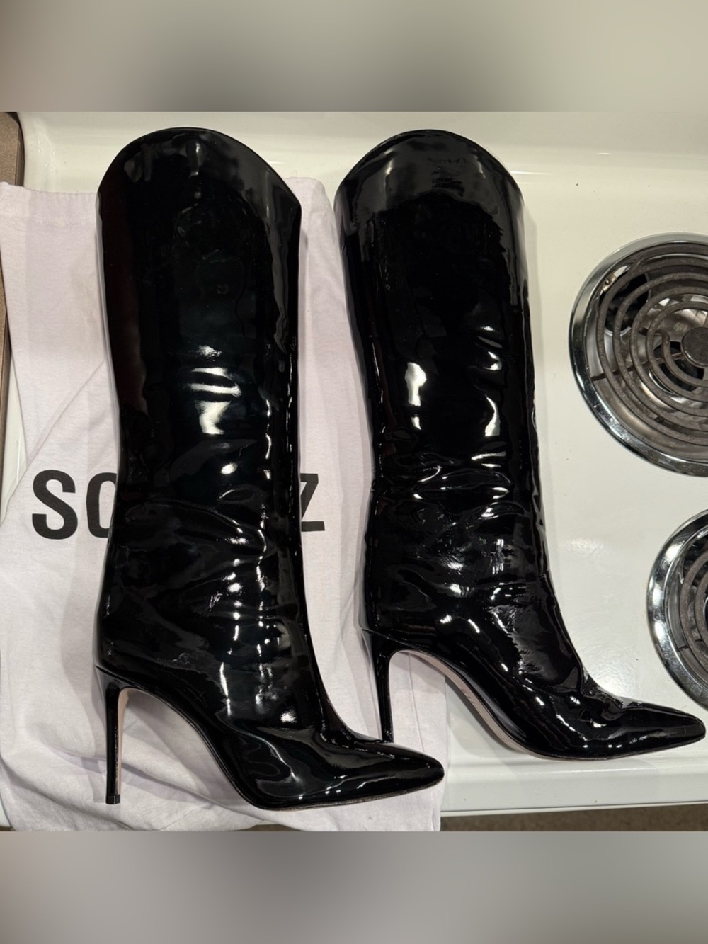 Schutz Maryana Black Patent Leather Stiletto High Heel Knee High Boots Size 9